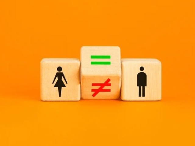 Foto de tres dados, uno de una silueta de mujer, otro con dos signos, uno con un signo igual y el otro con un signo igual tachado, y el tercero con una silueta masculina