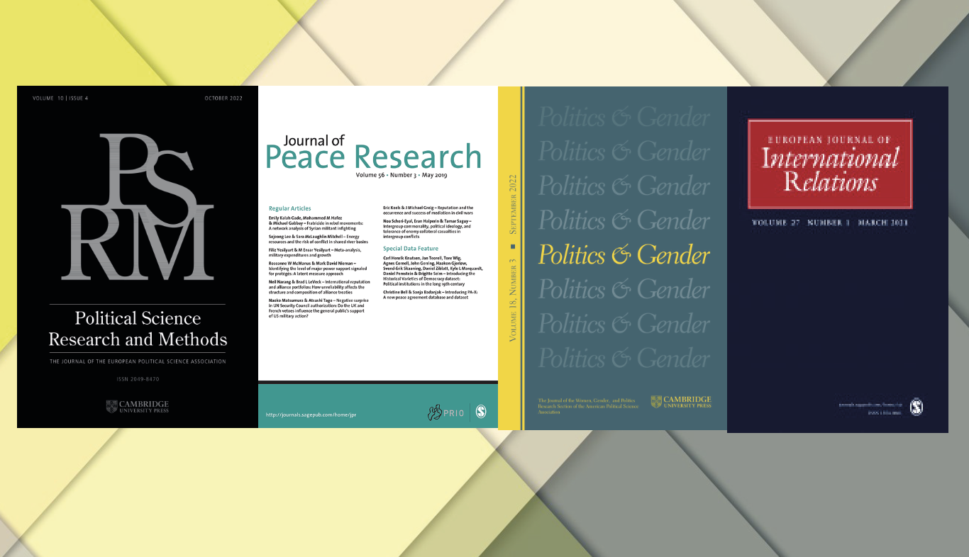 Foto portadas revistas de derecha a izquierda: PSRM, Journal of Peace Research, Politics & Gender, European Journal of International Relations.