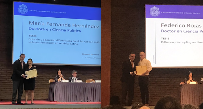 Estudiantes María Fernanda Hernández y Federico Rojas, reciben su titulo de Doctora y Doctor en Ciencia Política de manos del rector Ignacio Sánchez