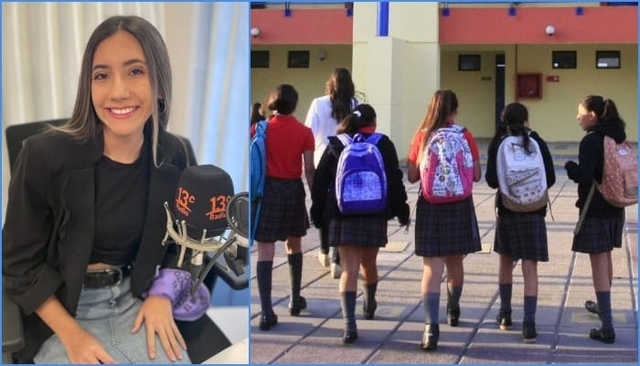 Imagen con dos fotos: a la izquierda Javiera Díaz, a la derecha un grupo de niñas en un colegio