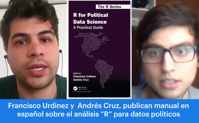 Foto de Francisco Urdinez a la izquierda. Portada del manual "R" for political data science. Foto de Andrés Cruz al lado derecho.